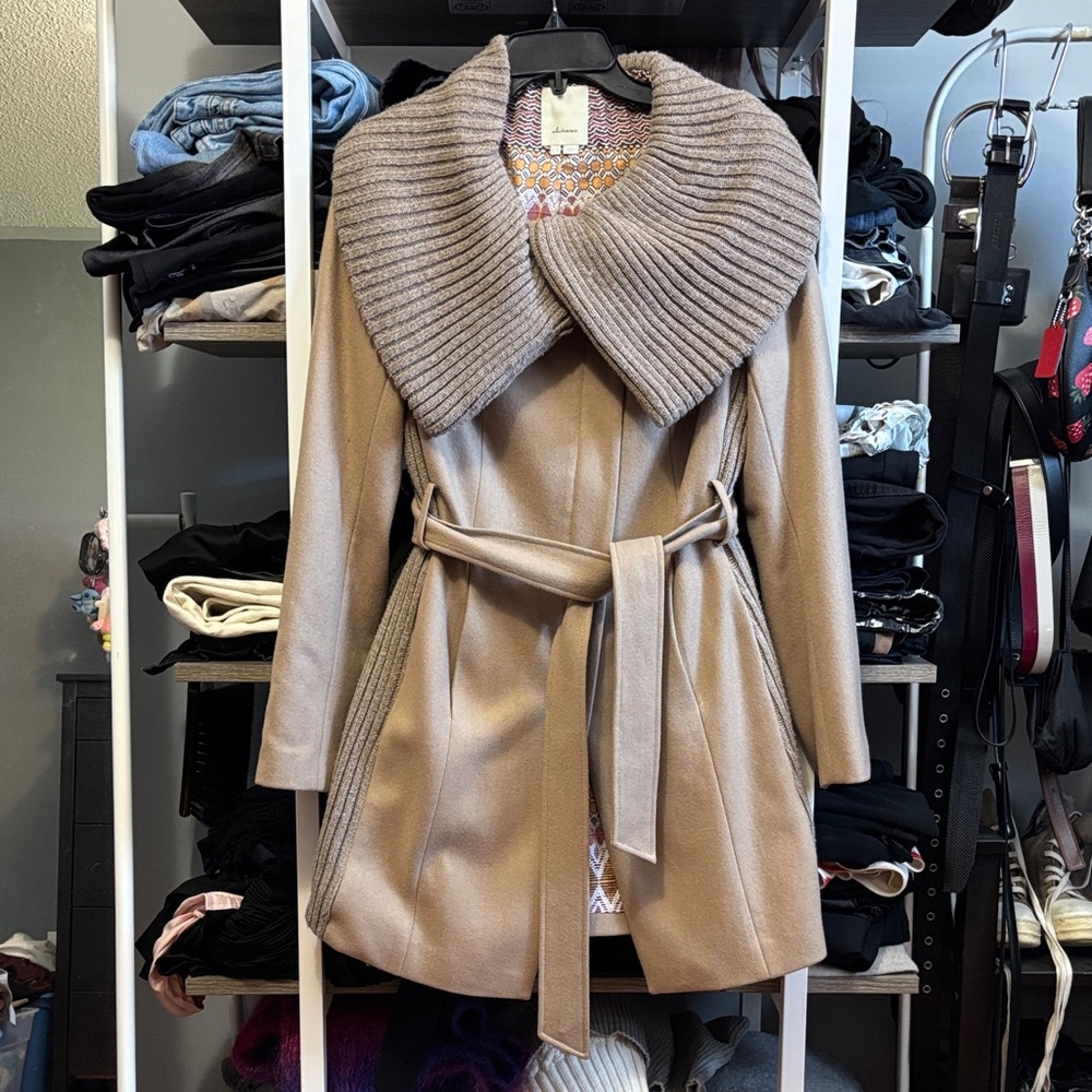 Anthropologie Elevenses Judith Wool Blend Belted Coat w/ Knit Collar & Panels